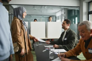 A woman submitting documents to a notary officer, representing a legal notarization process — ideal for illustrating /public-vs-private-notary-dubai comparison.