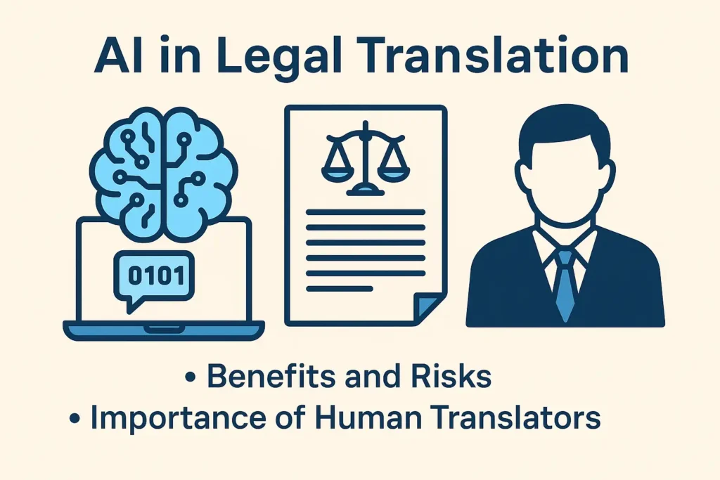 An infographic illustrating the role of AI in legal translation, featuring icons of a brain on a laptop, a legal document with justice scales, and a human translator—highlighting benefits, risks, and the importance of human oversight.
