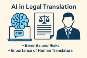 An infographic illustrating the role of AI in legal translation, featuring icons of a brain on a laptop, a legal document with justice scales, and a human translator—highlighting benefits, risks, and the importance of human oversight.