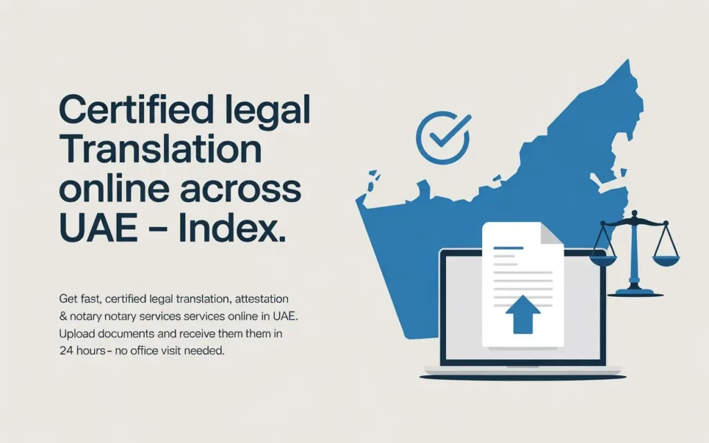 A digital ad for Index Legal Translation promoting certified legal translation, attestation, and notary services across the UAE with an online document upload system and fast 24-hour delivery—no office visit required.