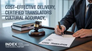 A professional man in a suit signs a legal translation document at a desk with a gavel and law books, promoting certified legal translation services by Index Legal Translation.