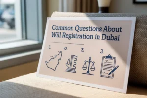 A realistic photo of a printed informational poster explaining how to register a will in Dubai, designed to help expats understand legal requirements.