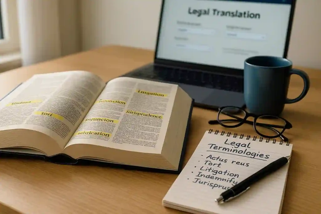 A professional desk with an open legal dictionary showing highlighted terms like "Affidavit" and "Litigation," a notepad labeled "Legal Terminologies" with handwritten notes, a pen, reading glasses, and a coffee mug, set in natural daylight with a computer displaying a legal translation interface in the background.