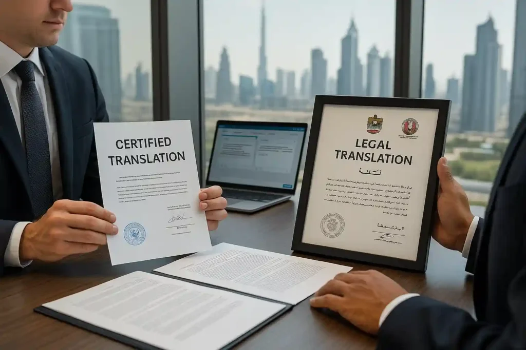 Two professional translators at a modern Dubai office desk handling certified and legal translation documents with visible Arabic and English texts, translator seals, and a Ministry of Justice emblem, illustrating the difference between certified and legal translation in the UAE.