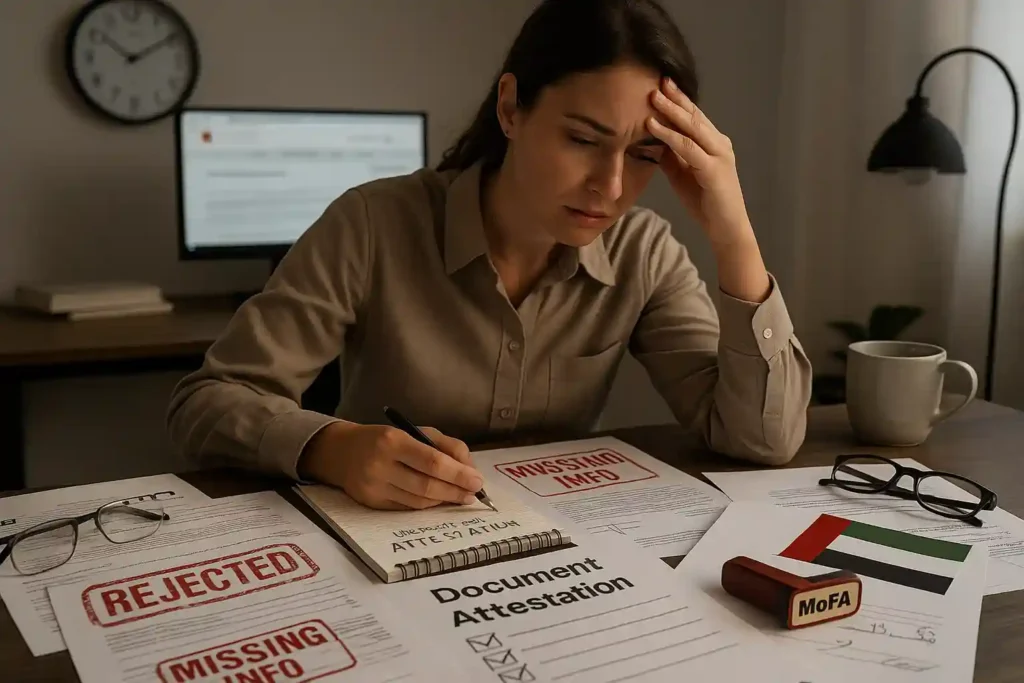 A stressed woman sits at a desk cluttered with official documents marked "Rejected" and "Missing Info," alongside a checklist titled "Document Attestation" and a UAE MoFA stamp, highlighting common attestation errors in the UAE.