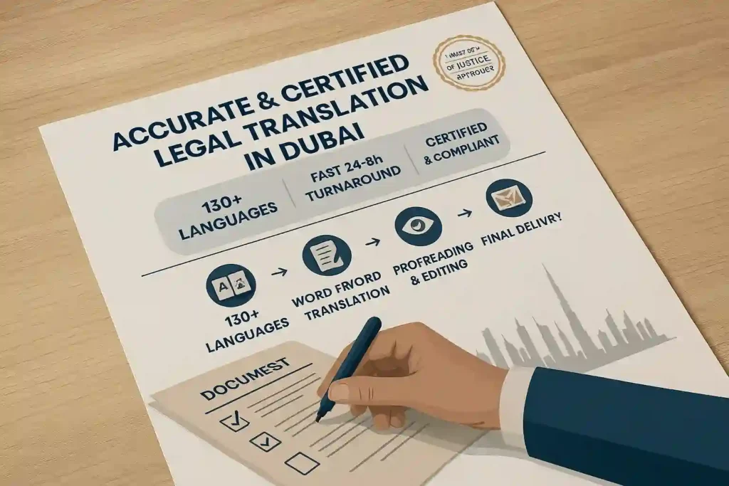 Promotional poster showcasing certified legal translation services in Dubai, featuring translation process, 130+ languages, and UAE Ministry of Justice approval.