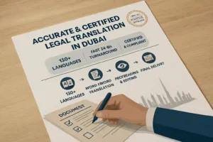 Promotional poster showcasing certified legal translation services in Dubai, featuring translation process, 130+ languages, and UAE Ministry of Justice approval.