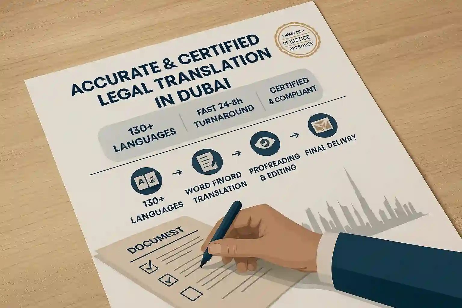 Promotional poster showcasing certified legal translation services in Dubai, featuring translation process, 130+ languages, and UAE Ministry of Justice approval.