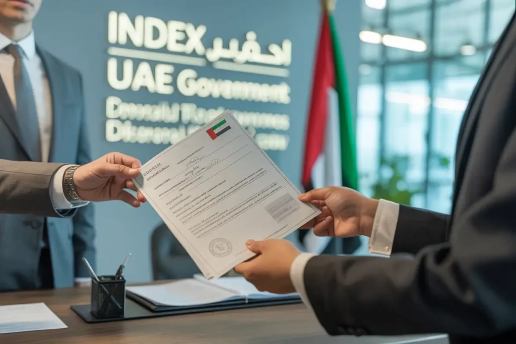 Person submitting official document for MOFA attestation at UAE government office, showcasing the legal procedure in the UAE.