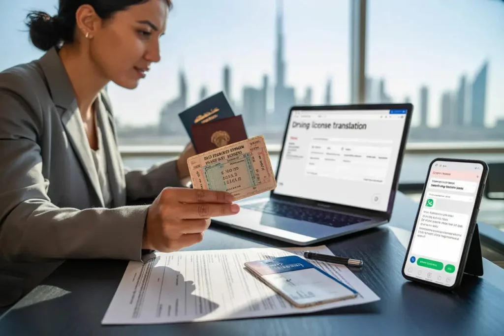 A woman sitting at a desk in Dubai holding a foreign driving license and passport while uploading documents for translation on a laptop. The screen displays a driving license translation website, with a smartphone showing a WhatsApp chat for legal assistance. Emirates ID and forms are on the table.