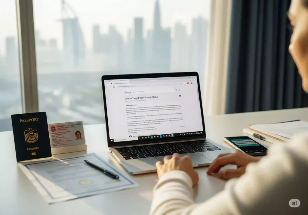 Over-the-shoulder view of a person searching certified legal translation in Dubai on a laptop, with a passport, Emirates ID and official papers on the desk and the Dubai skyline visible through the window.