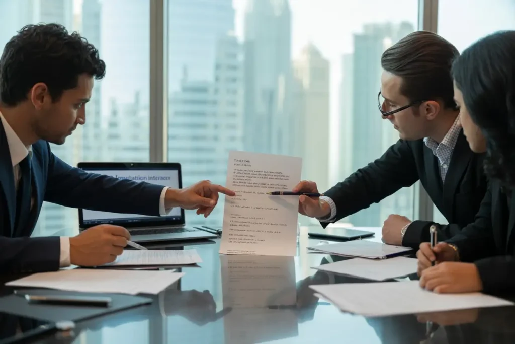 Three professionals in a Dubai office reviewing and pointing at a translated business document, with a laptop showing translation work—illustrating business document translation in Dubai and the quality-check process.