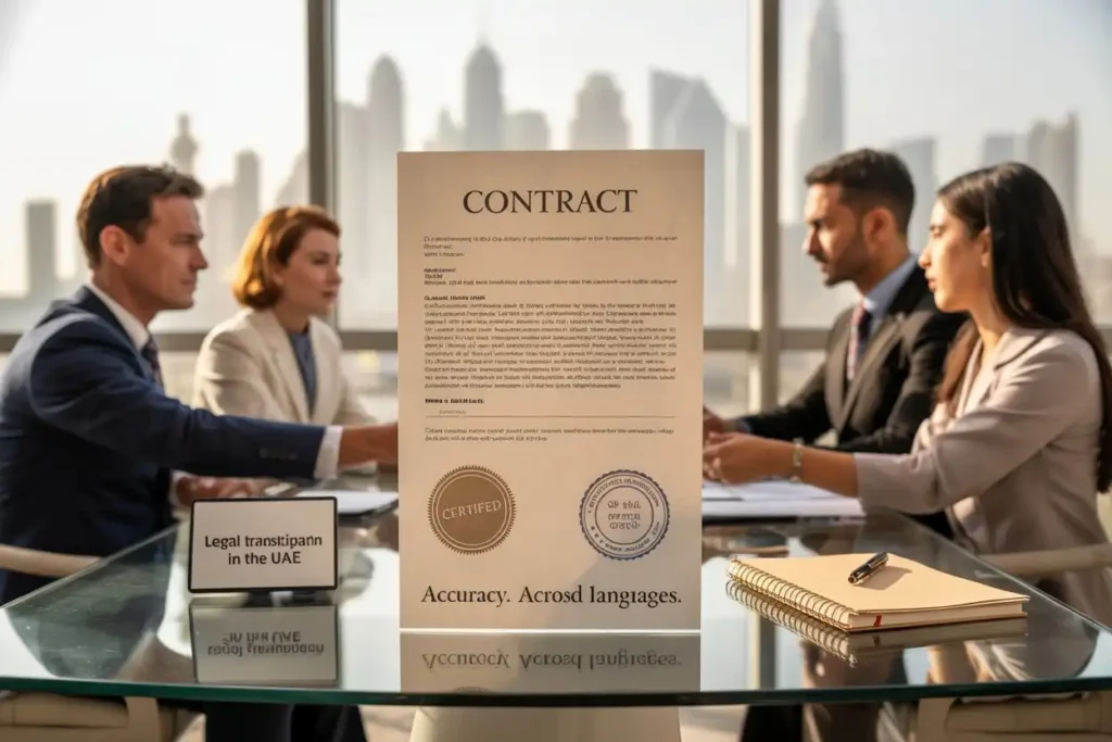 Certified contract displayed on a glass table with visible seals while professionals review documents in a Dubai office, illustrating legal translation in the UAE.