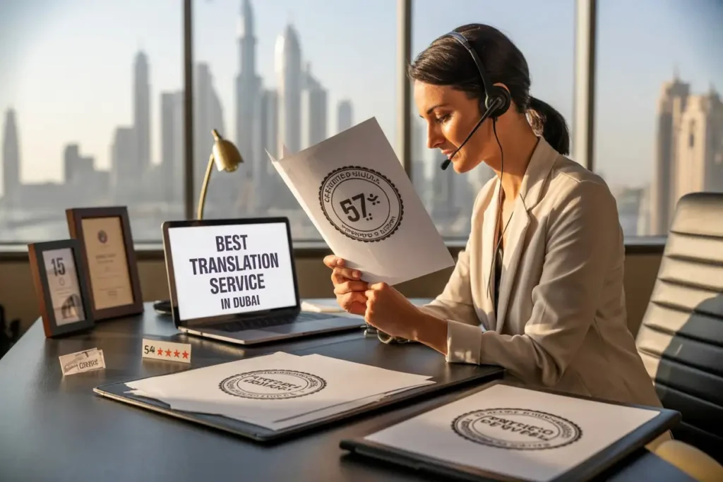 Professional agent with headset reviewing certified translation documents in a Dubai office, laptop screen reads “Best Translation Service in Dubai,” with skyline visible.