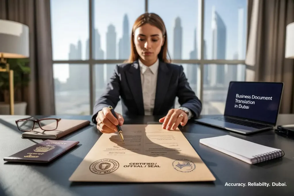 Professional reviewer signing a certified business document at a desk in Dubai, with a laptop showing “Business Document Translation in Dubai,” visible certified seals, passport, notepad, and Dubai skyline in the background.