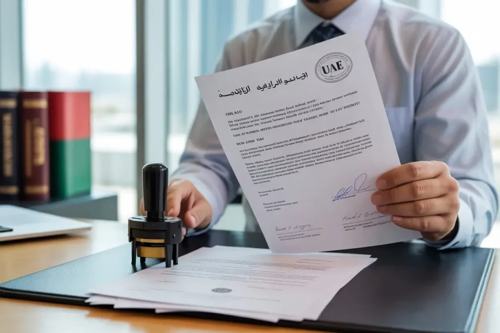 A professional translator in Dubai reviewing and stamping official UAE legal documents for certification and compliance.