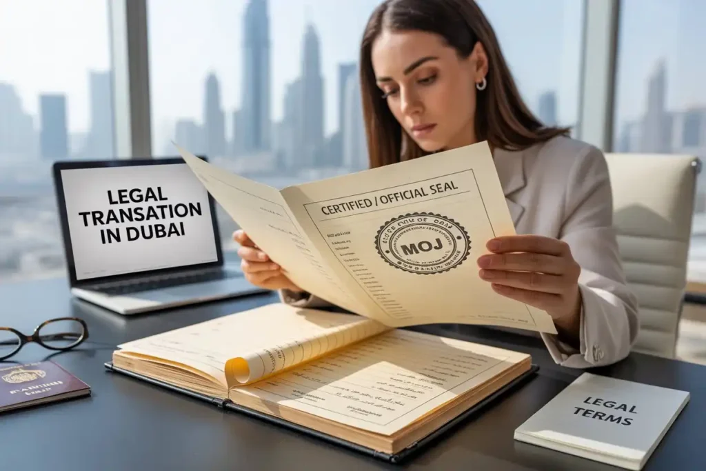 Professional reviewing a MOJ-stamped certified document in a Dubai office; laptop displays “legal translation in Dubai,” with passport and legal notes on the desk.