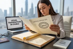 Professional reviewing a MOJ-stamped certified document in a Dubai office; laptop displays “legal translation in Dubai,” with passport and legal notes on the desk.