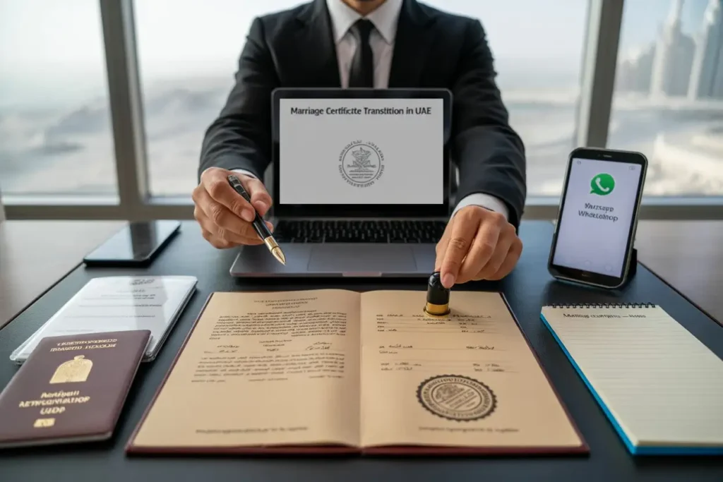 Hands stamp a translated marriage certificate in a Dubai office, showing marriage certificate translation in UAE with a MOJ-style seal, passport, laptop, and notepad on the desk.