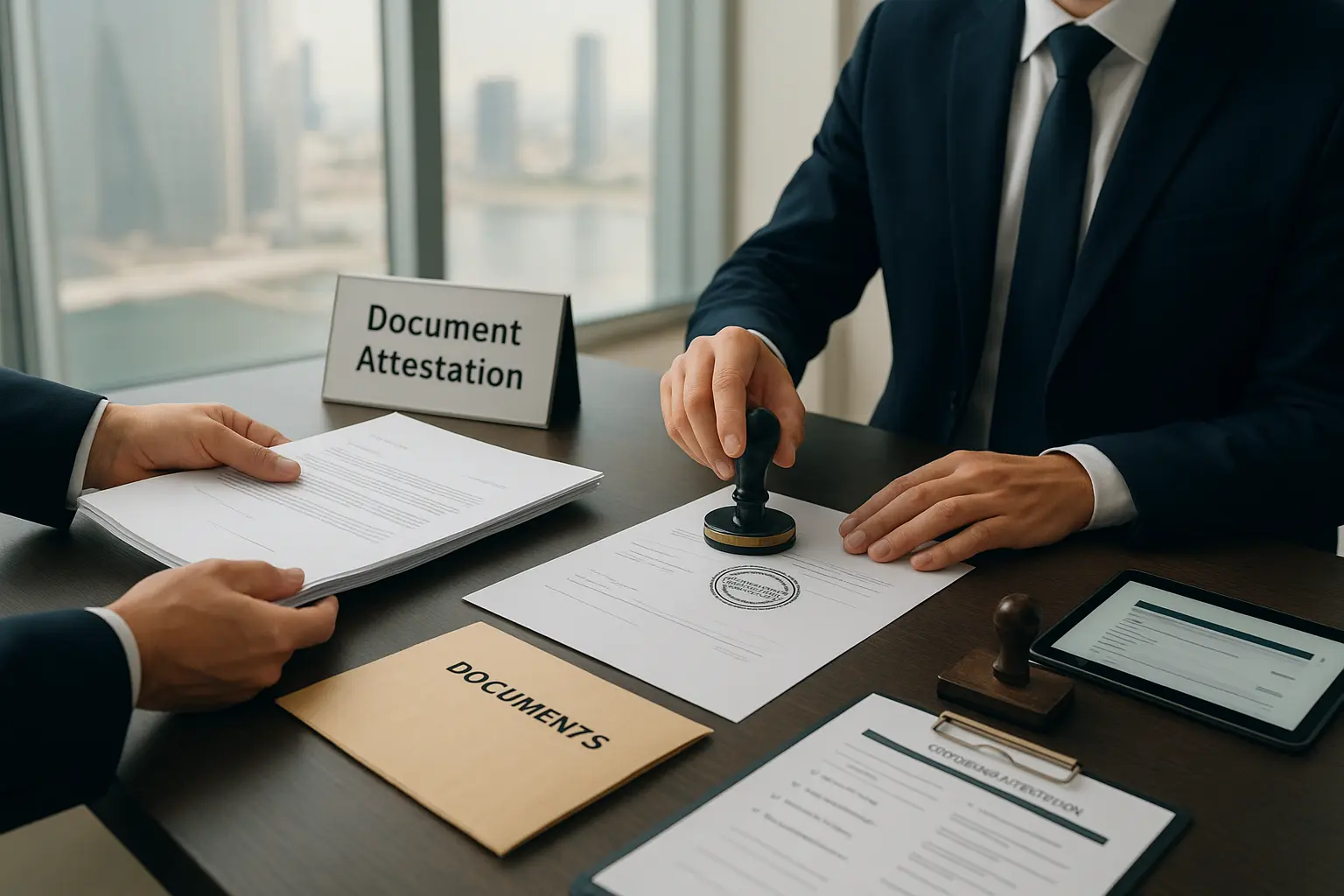 Close-up of a clerk stamping and certifying documents for attestation in a UAE office with passport, paperwork, and “Document Attestation” sign visible.