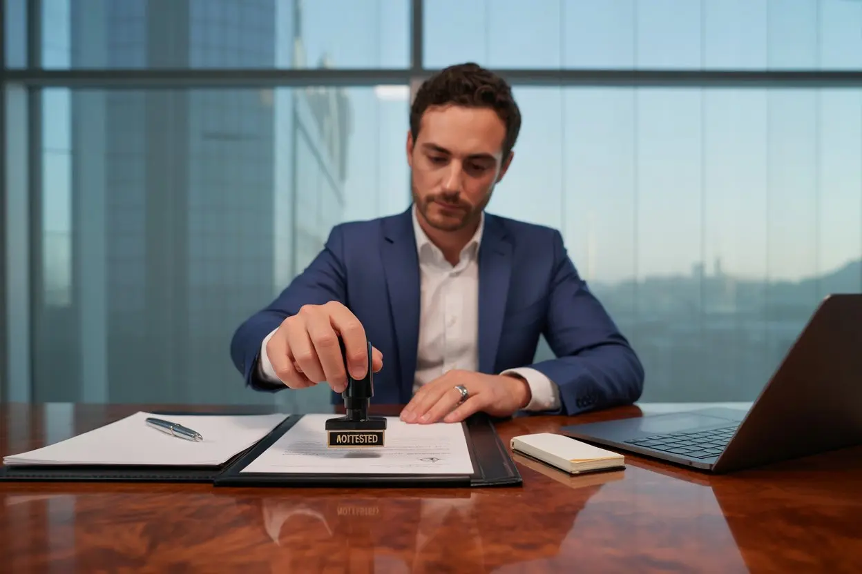 Professional translator in formal attire stamping legal documents with an 'Attested' seal in a modern UAE office, representing MOJ certified legal translation services