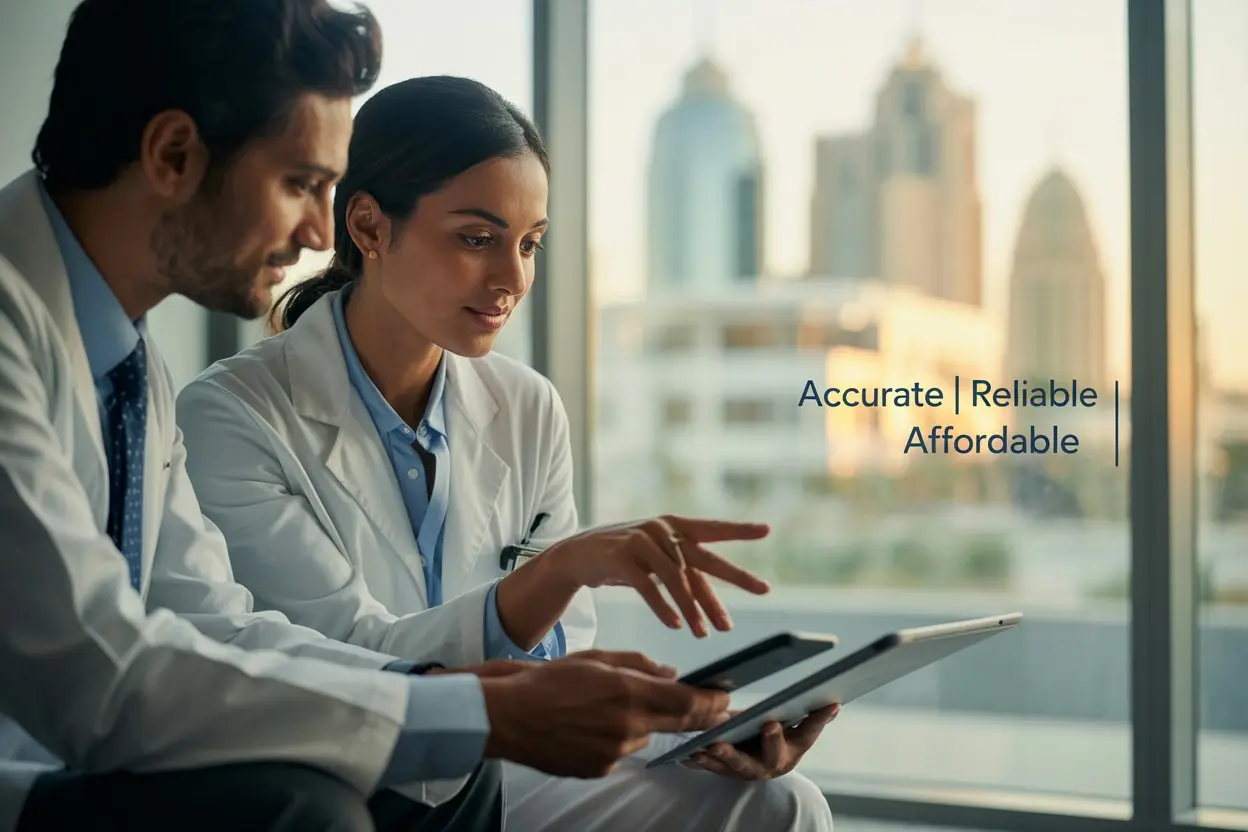 Doctor and certified translator reviewing medical records with official attestation stamp — medical translation in the UAE