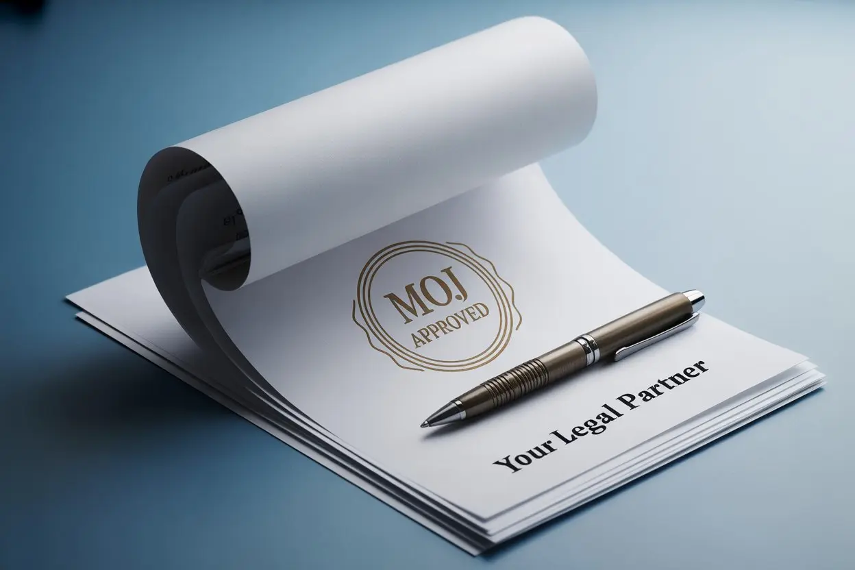 Stack of official contracts with MOJ approved stamp and fountain pen, representing certified legal translation services in Abu Dhabi.