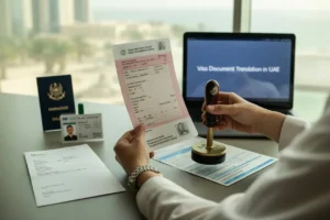 MOJ-certified translator reviewing visa document translation in UAE: bilingual forms, passport, stamped visa form and laptop on a Dubai office desk.