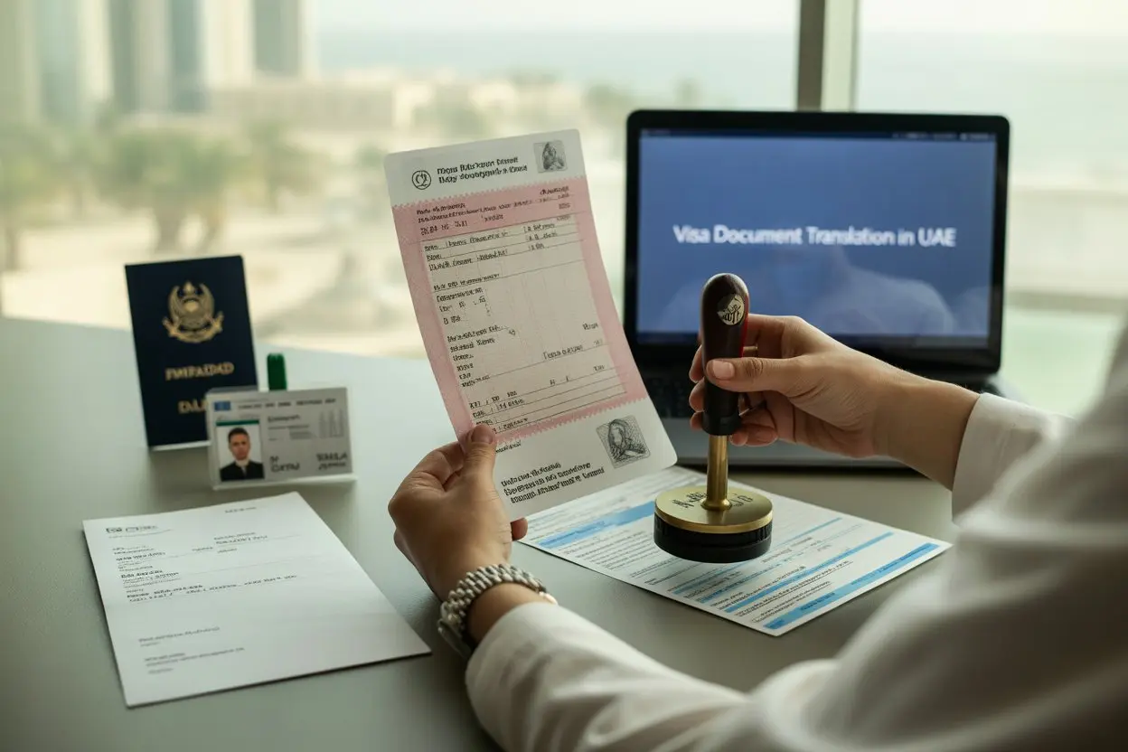 MOJ-certified translator reviewing visa document translation in UAE: bilingual forms, passport, stamped visa form and laptop on a Dubai office desk.