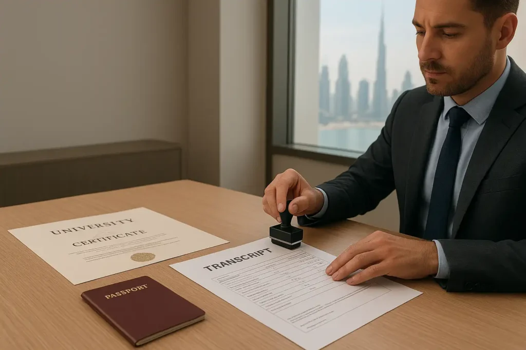 Certified translator in UAE translating academic transcripts for university and visa applications