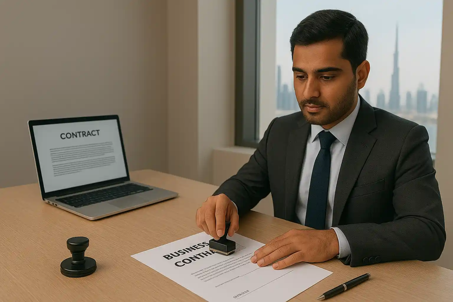 Certified legal translator reviewing corporate contract documents in Abu Dhabi office