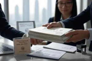 Person submitting official document for MOFA attestation at UAE government office, showcasing the legal procedure in the UAE.