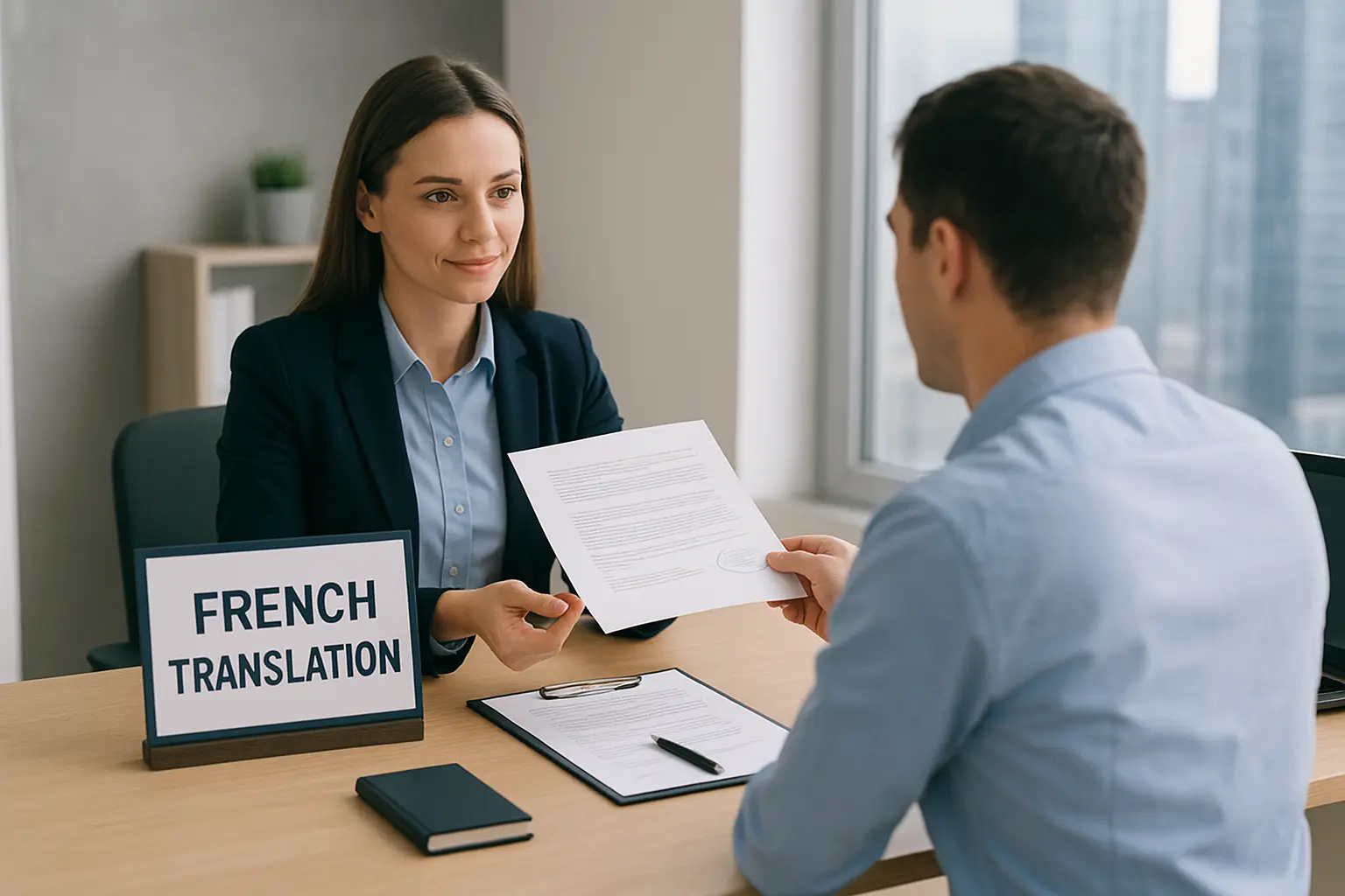 A professional translator in a modern UAE office reviews a French legal document with an official stamp while using a laptop displaying “French Translation Service in UAE.” The desk holds passports, official papers, and a notepad, symbolizing certified French document translation in Dubai and Abu Dhabi.