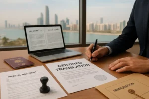 Professional legal translator reviewing certified documents in an Abu Dhabi office