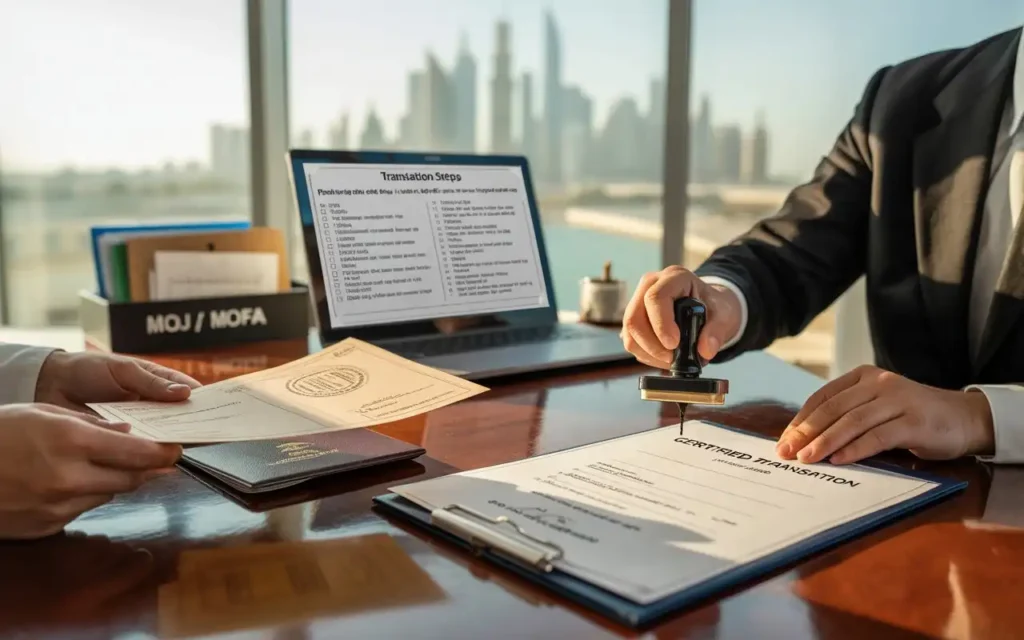 Certified translator stamping a translated document in an Abu Dhabi office — translate documents in Abu Dhabi.