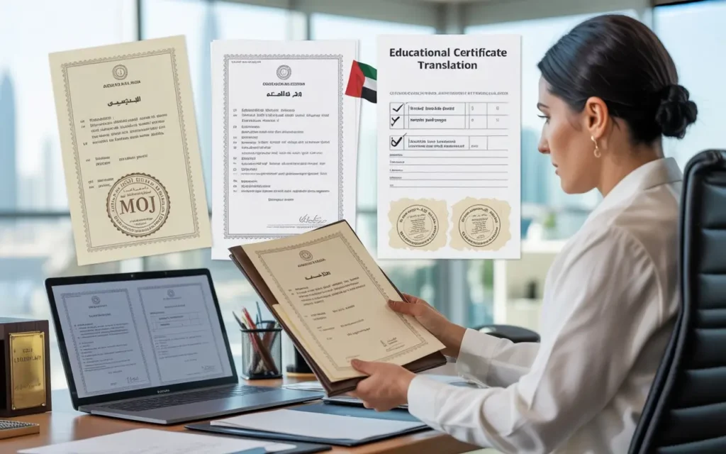 A certified legal translator in Abu Dhabi translating academic certificates and transcripts with official MOJ stamps for UAE educational and visa requirements.