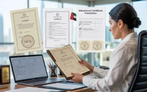 A certified legal translator in Abu Dhabi translating academic certificates and transcripts with official MOJ stamps for UAE educational and visa requirements.