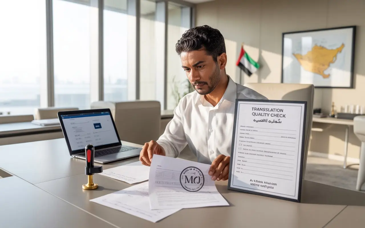 A bilingual legal translator (Arabic ↔ English) checking a certified translation next to a notary stamp in Abu Dhabi to prevent notarization delays.