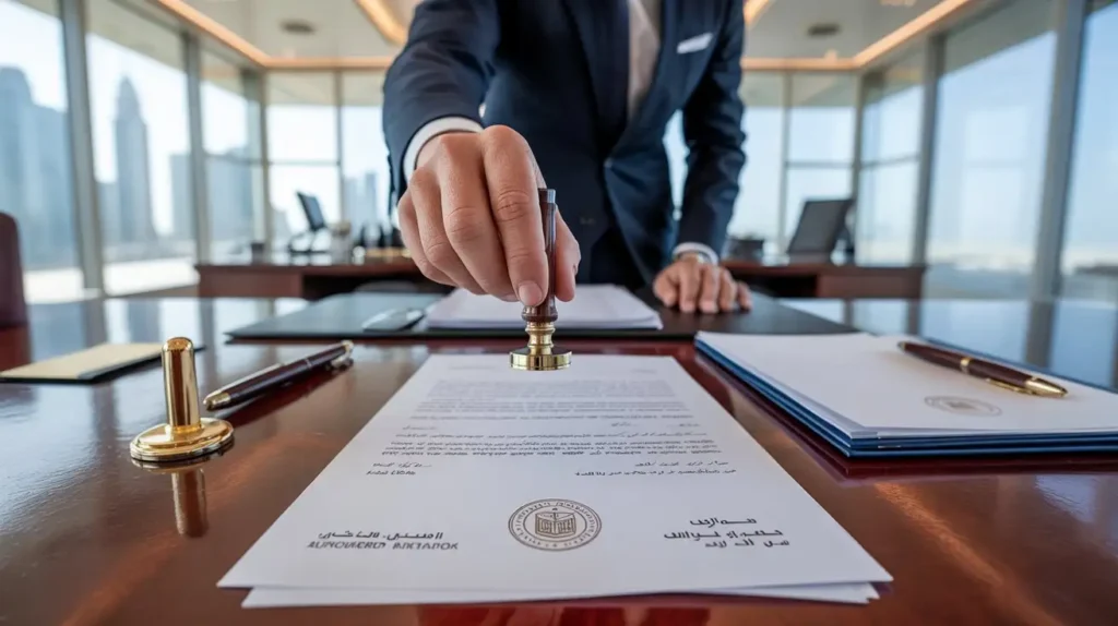 A professional notary in Abu Dhabi reviewing legal documents, applying a stamp, and verifying signatures for official notarization.