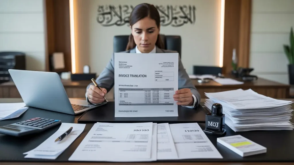A certified legal translator in the UAE reviewing and translating commercial invoices, receipts, and financial documents on a desk with stamps, laptop, and verification tools.