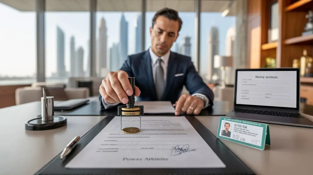 A professional legal officer in Abu Dhabi notarizing documents with an official stamp and signature, reviewing contracts and power of attorney papers on a desk.