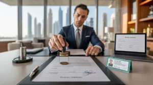 A professional legal officer in Abu Dhabi notarizing documents with an official stamp and signature, reviewing contracts and power of attorney papers on a desk.