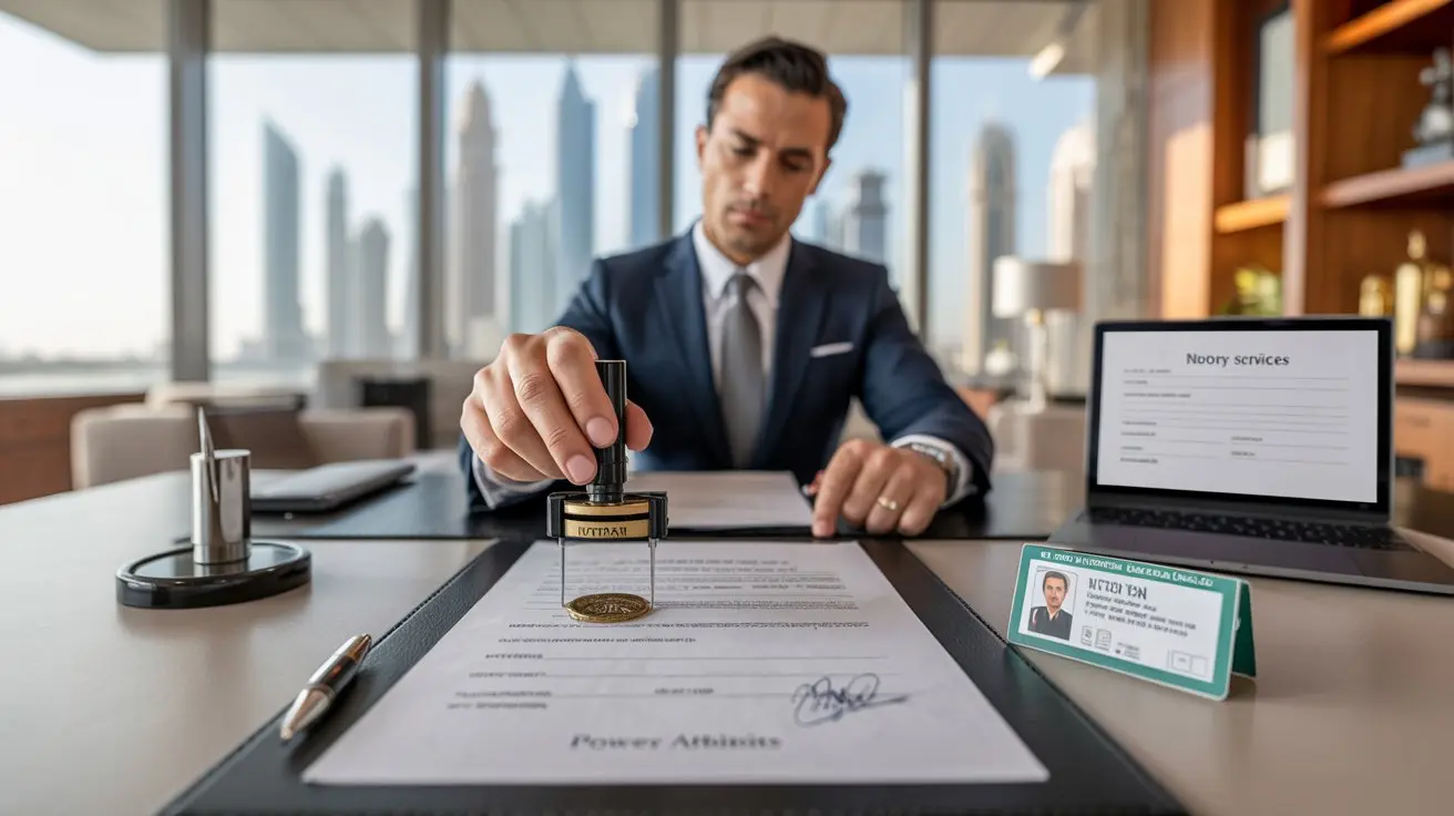 A professional legal officer in Abu Dhabi notarizing documents with an official stamp and signature, reviewing contracts and power of attorney papers on a desk.