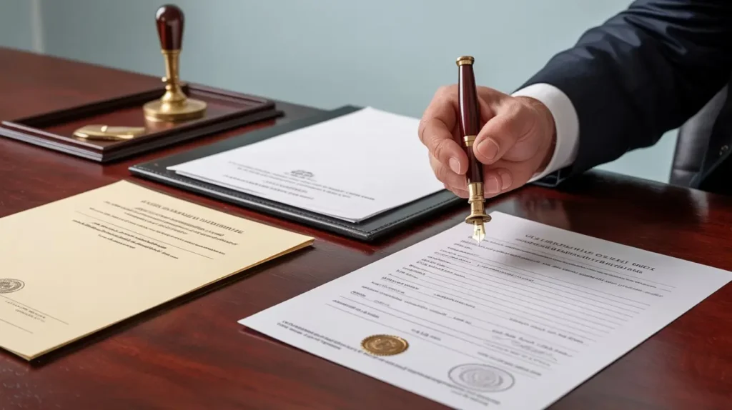 A notary public reviewing original documents and verifying stamps to prevent common notarization mistakes in the UAE.