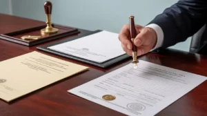 A notary public reviewing original documents and verifying stamps to prevent common notarization mistakes in the UAE.