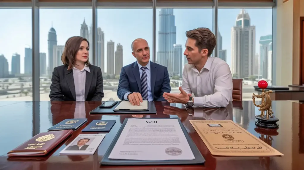 A legal professional assisting an expatriate client with will registration documents in the UAE, including Arabic translation and court registration.
