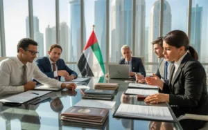 Foreign entrepreneurs discussing business setup documents in Abu Dhabi with a professional advisor, highlighting investment and company formation in the UAE.