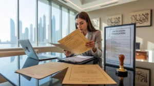 A professional legal translator reviewing official documents with accuracy checks and certification stamps in a UAE translation office.