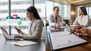 Comparison of online and in-person legal translation services in the UAE, showing document submission digitally and face-to-face consultation.