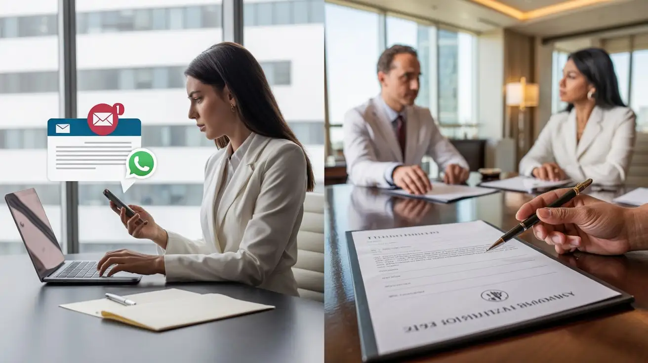 Comparison of online and in-person legal translation services in the UAE, showing document submission digitally and face-to-face consultation.